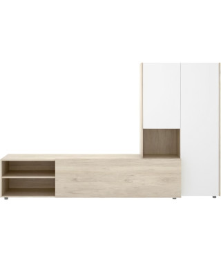 Meuble de salon TV compact - KEI - 3 portes - Chene clair / Blanc - 227 x 40 x 141 cm