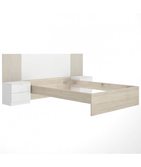 Ensemble structure de lit + tete de lit et 2 tables de nuit avec 2 tiroirs - LOMA - 140 x 190 cm - Chene naturel / Blanc