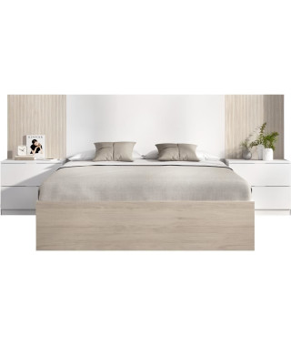 Ensemble structure de lit + tete de lit et 2 tables de nuit avec 2 tiroirs - LOMA - 160 x 200 cm - Chene naturel / Blanc