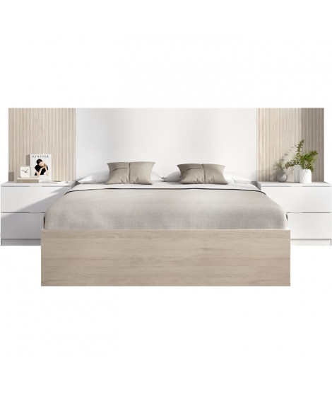 Ensemble structure de lit + tete de lit et 2 tables de nuit avec 2 tiroirs - LOMA - 160 x 200 cm - Chene naturel / Blanc