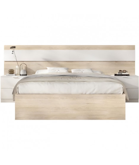 Ensemble structure de lit + tete de lit et 2 tables de nuit - NIZA - 140 x 190 cm - Chene naturel / Blanc