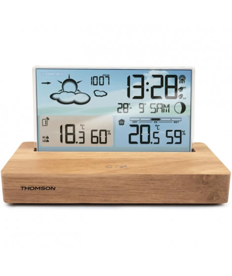 Réveil station météo - THOMSON - Bois clair - Affichage température, Hygrométrie, Double alarme, USB-C, Sonde sans fil
