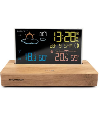 Réveil station météo - THOMSON - Bois foncé - Affichage température, Hygrométrie, Double alarme, USB-C, Sonde sans fil