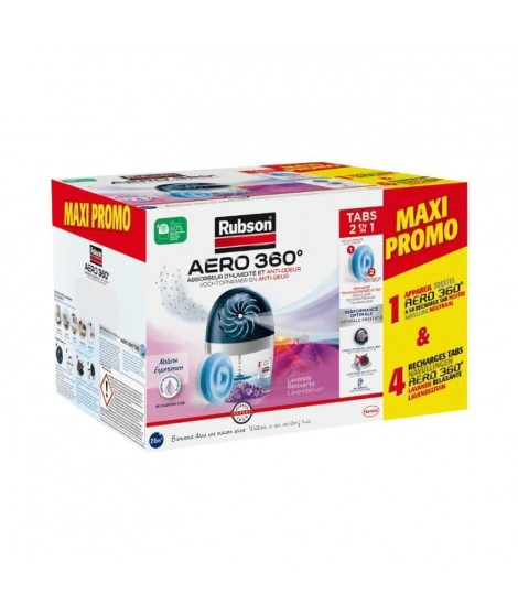Absorbeur d'humidité - RUBSON - MAXI PROMO - 4 recharges Lavande + 1 appareil Aéro 360° 20 m²