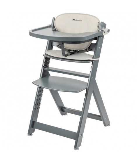 BEBECONFORT Timba + coussin, Chaise haute bébé, Chaise bois, De 6 mois a 10 ans (30kg), Gray Mist