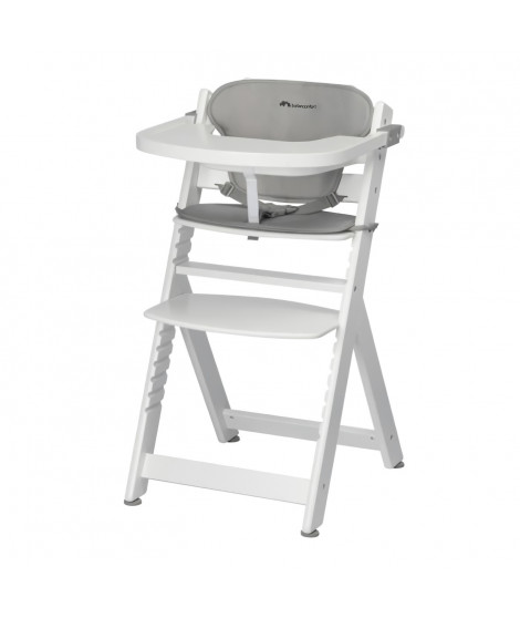 BEBECONFORT TIMBA + coussin Chaise haute bébé, Chaise bois évolutive, de 6 mois a 99 ans, Chaise White et coussin gray