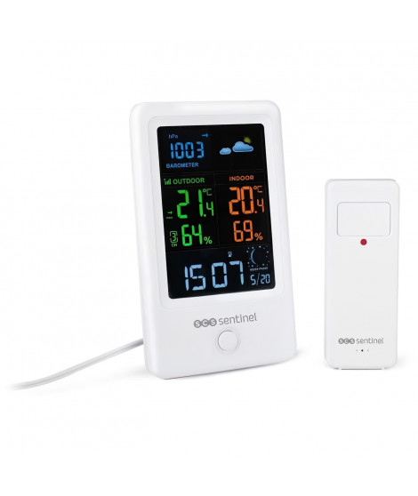 Station météo avec sonde extérieure sans fil - SCS SENTINEL - HCN0076 MeteoColor - Portée : 60 m - 433,92 MHz - Blanc
