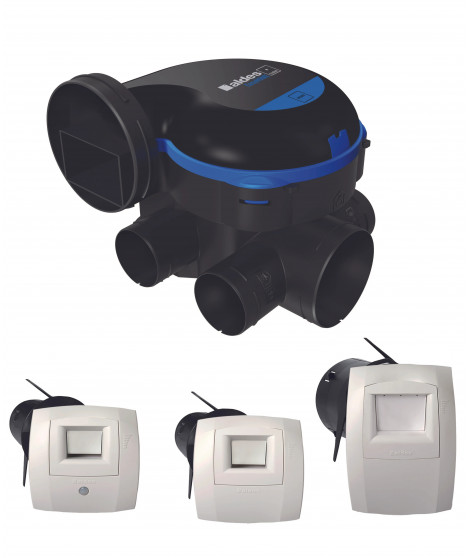 Kit VMC simple flux EasyHOME Hygroréglable COMBLES Classic livré avec 3 bouches Bahia Curve.