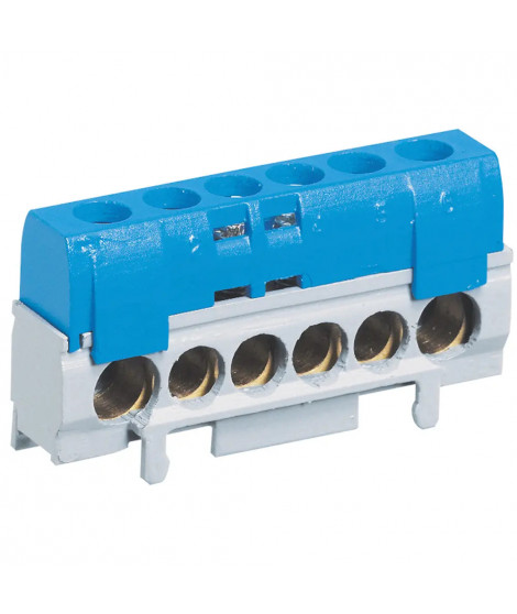 Bornier de répartition IP2X neutre - connexion 10mm²-35mm² - bleu longueur 62mm