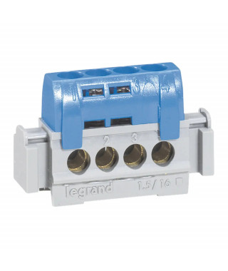 Bornier de répartition isolé IP2X neutre - 4x1,5mm² à 16mm² - bleu - long. 47mm