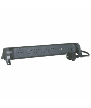 Rallonge 5x2P+T Surface, inter, parafoudre, USB A+C et cordon 1,5m - noir/gris