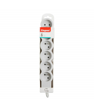 Rallonge 6x2P+T avec cordon 1,5m 3G 1mm² - blanc/gris clair