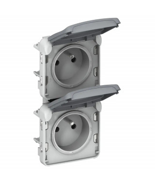 Double prise 2P+T précâblées à la verticale Plexo composable IP55 16A 250V -gris