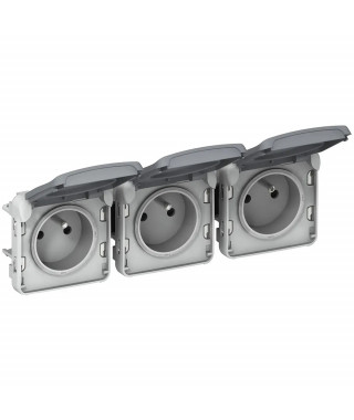 Triple prise 2P+T précâblées horizontale Plexo composable IP55 16A 250V - gris