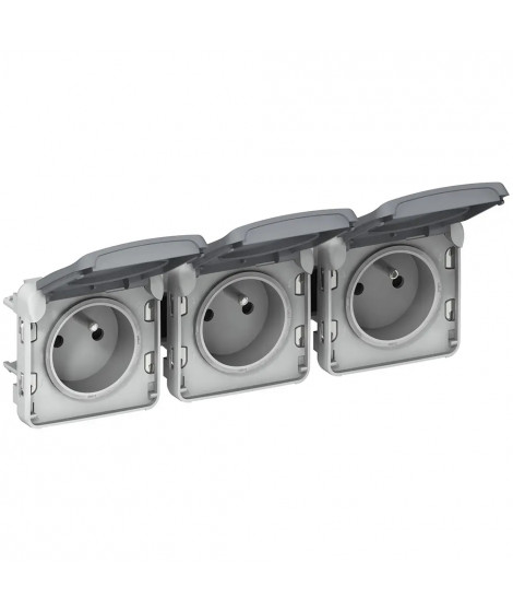 Triple prise 2P+T précâblées horizontale Plexo composable IP55 16A 250V - gris