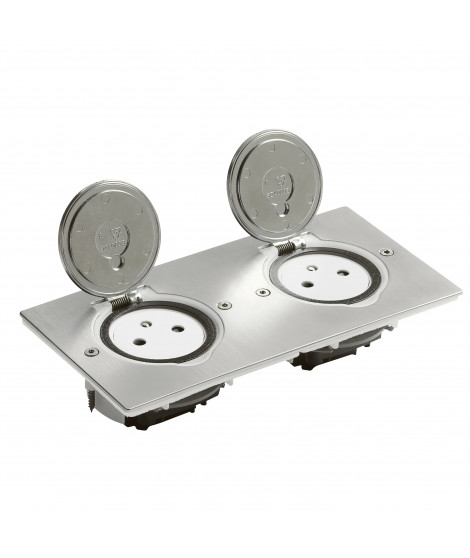 Prise de sol double 2P+T Surface 16A 250V platine rectangulaire - inox brossé