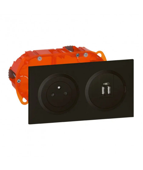 Kit prise Surface + chargeur 2 USB TypeA dooxie 3A précâblés finition noir