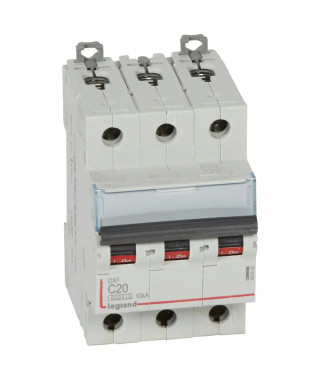 Disjoncteur DX³ 6000 -vis/vis-3P- 400V~-20A-10kA-courbeC-peigne HX³ trad 4P -3M