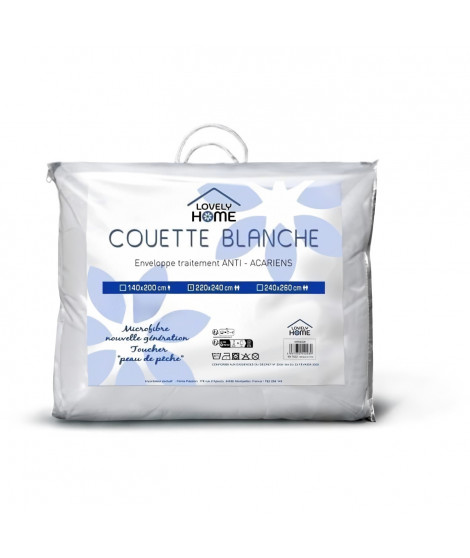 Couette 140 x 200 cm - LOVELY HOME - Chaude - 450 g/m² - Anti-acariens - 1 personne - Blanc