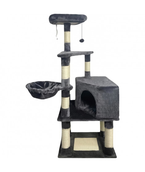 Arbre a chat - 55 x 40 x 138 cm - Gris foncé - 3 plateformes, 1 perchoir, 1 niche, poteaux a griffer