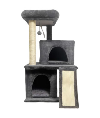 Arbre a chat - 44,5 x 48 x 86 cm - Gris foncé - 1 plateforme, 1 balle de jeu, 2 niches, 1 rampe