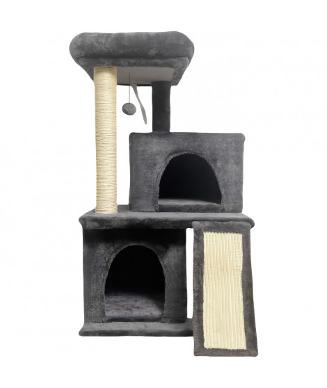 Arbre a chat - 44,5 x 48 x 86 cm - Gris foncé - 1 plateforme, 1 balle de jeu, 2 niches, 1 rampe