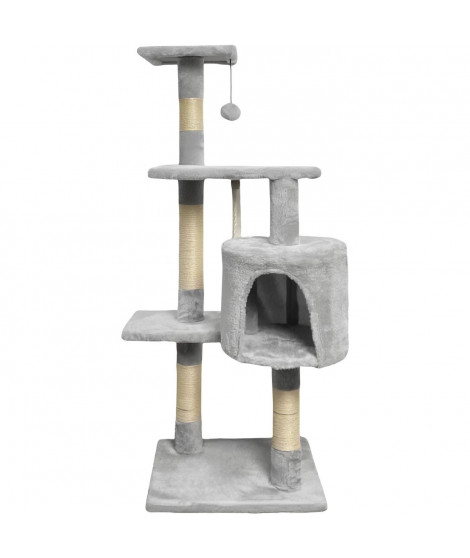 Arbre a chat - 40 x 40 x 110 cm - PALOMA - Gris - 3 plateformes, 1 corde, 1 niche , poteaux a griffer