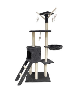 Arbre a chat - 79 x 34 x 138 cm - JIPSY - Gris foncé - 3 plateformes, 1 perchoir, 1 niche, 1 escalier, poteaux a griffer