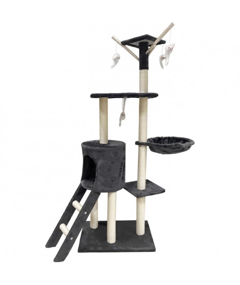 Arbre a chat - 79 x 34 x 138 cm - JIPSY - Gris foncé - 3 plateformes, 1 perchoir, 1 niche, 1 escalier, poteaux a griffer