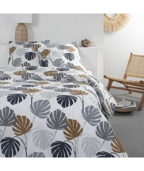 Parure de lit Sunshine - 2 personnes - 220 x 240 cm - 100% coton - Blanc Motif Tropical - TODAY