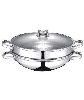 Wok 2-en-1 - BAUMALU - Tous feux dont induction - Couvercle verre - 32 cm