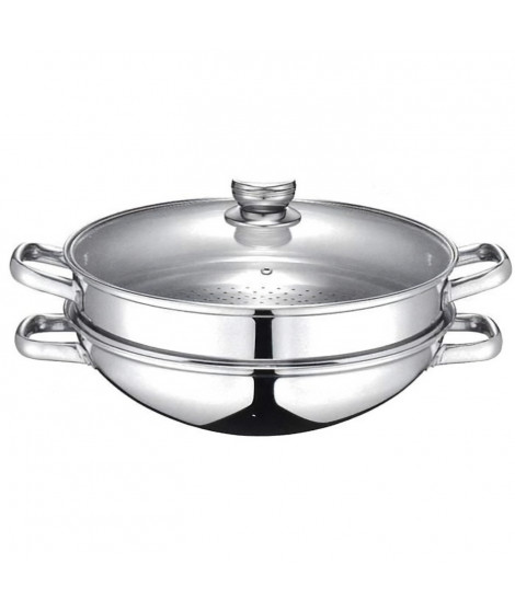 Wok 2-en-1 - BAUMALU - Tous feux dont induction - Couvercle verre - 32 cm