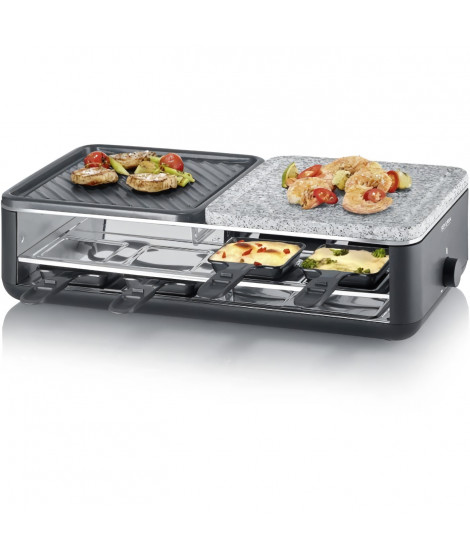 Raclette Gril - SEVERIN - RG2366 - 8 pers. - Pierre Naturelle et Plaque de Cuisson Réversible - 8 poelons - Noir