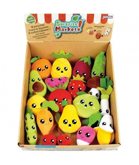 Lot de 18 pochettes surprises - JEMINI - Surprise Market - Peluche fruits ou légumes +/- 10 cm, stickers et cartes mémo