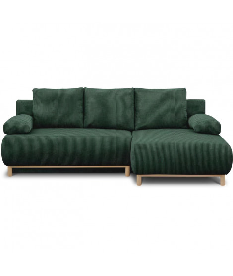 Canapé d'angle droite convertible - 3 places - MIKA - Tissu velours côtelé vert foncé - Coffre de rangement - 192 x 84 x 93 cm