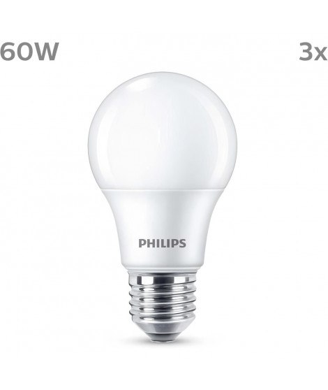 Ampoule LED - PHILIPS - 60 W - E27 - Blanc chaud - Dépolie - Non-Dimmable - 3 pieces