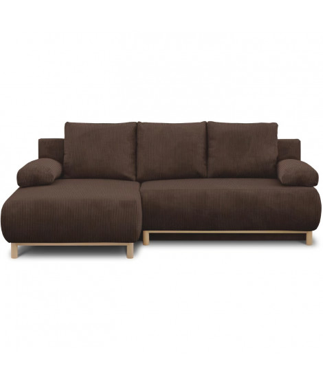Canapé d'angle gauche convertible - 3 places - MIKA - Tissu velours côtelé marron foncé - Coffre de rangement - 192 x 84 x 93 cm