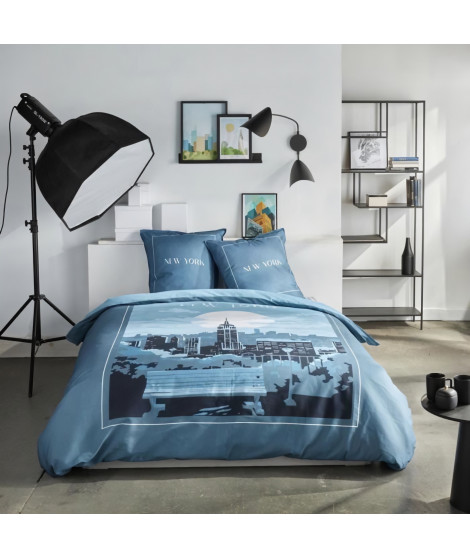 Parure de lit - TODAY - JAVA - 2 personnes - 240x220 cm - Coton - Imprimé New York - Bleu