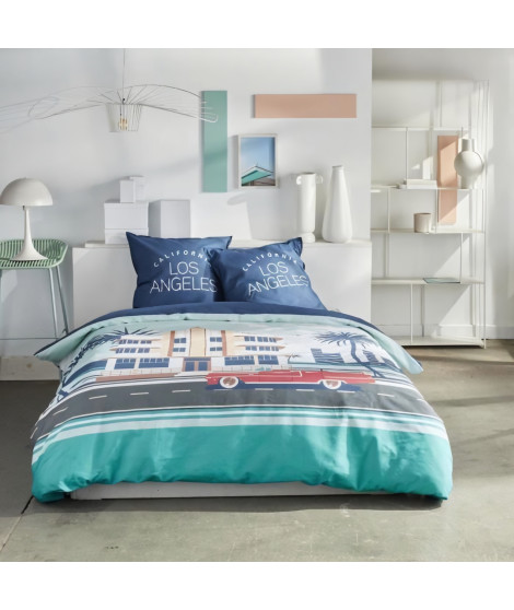 Parure de lit - TODAY - JAVA - 2 personnes - 240x220 cm - Coton - Imprimé Los Angeles - Bleu