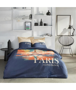 Parure de lit - TODAY - JAVA - 2 personnes - 240x220 cm - Coton - Imprimé Paris - Bleu