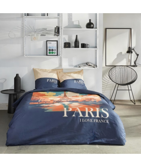 Parure de lit - TODAY - JAVA - 2 personnes - 240x220 cm - Coton - Imprimé Paris - Bleu