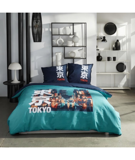 Parure de lit - TODAY - JAVA - 2 personnes - 240x220 cm - Coton - Imprimé Tokyo - Turquoise