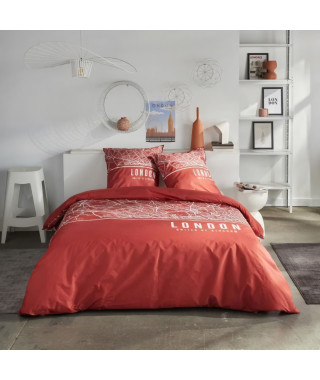 Parure de lit - TODAY - JAVA - 2 personnes - 240x220 cm - Coton - Imprimé London - Rouge