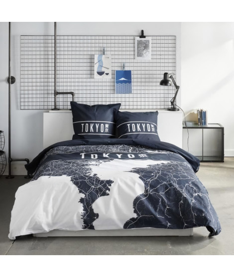 Parure de lit - TODAY - JAVA - 2 personnes - 240x220 cm - Coton - Imprimé Tokyo - Bleu foncé