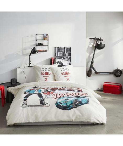 Parure de lit - TODAY - JAVA - 2 personnes - 240x220 cm - Coton - Imprimé Street racing - Blanc