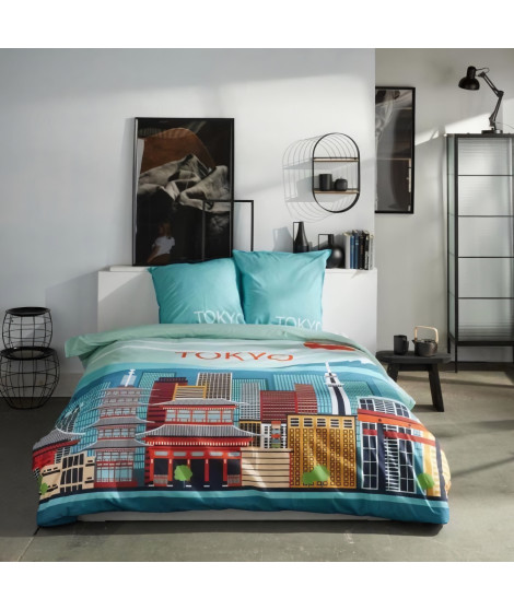 Parure de lit - TODAY - JAVA - 2 personnes - 240x220 cm - Coton - Imprimé Tokyo - Bleu