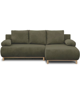 Canapé d'angle droit convertible - 3 places - MIKA - Tissu velours côtelé vert kaki - Coffre de rangement - 192 x 84 x 93 cm