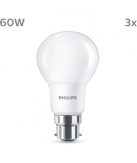 Ampoule LED - PHILIPS - 60 W - B22 - Blanc chaud - Dépolie - Non-Dimmable - 3 pieces