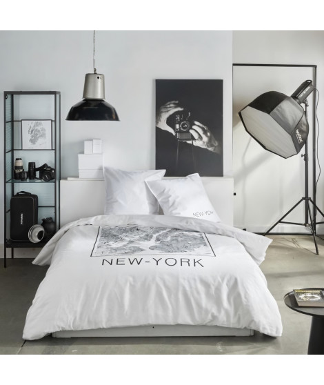Parure de lit - TODAY - JAVA - 2 personnes - 240x220 cm - Coton - Imprimé New York - Blanc