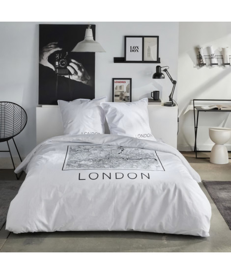 Parure de lit - TODAY - JAVA - 2 personnes - 240x220 cm - Coton - Imprimé London - Blanc